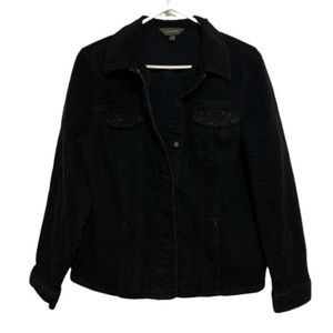 3/$30 Denver Hayes rugged Black denim jean jacket sparkled pockets snap